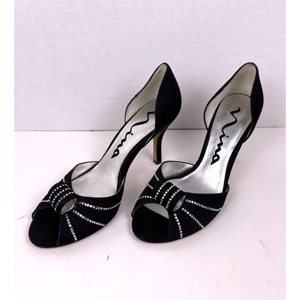 Nina New York Black Satin Platform Stiletto Heel Rhinestone Cluster Peep Toe 7.5